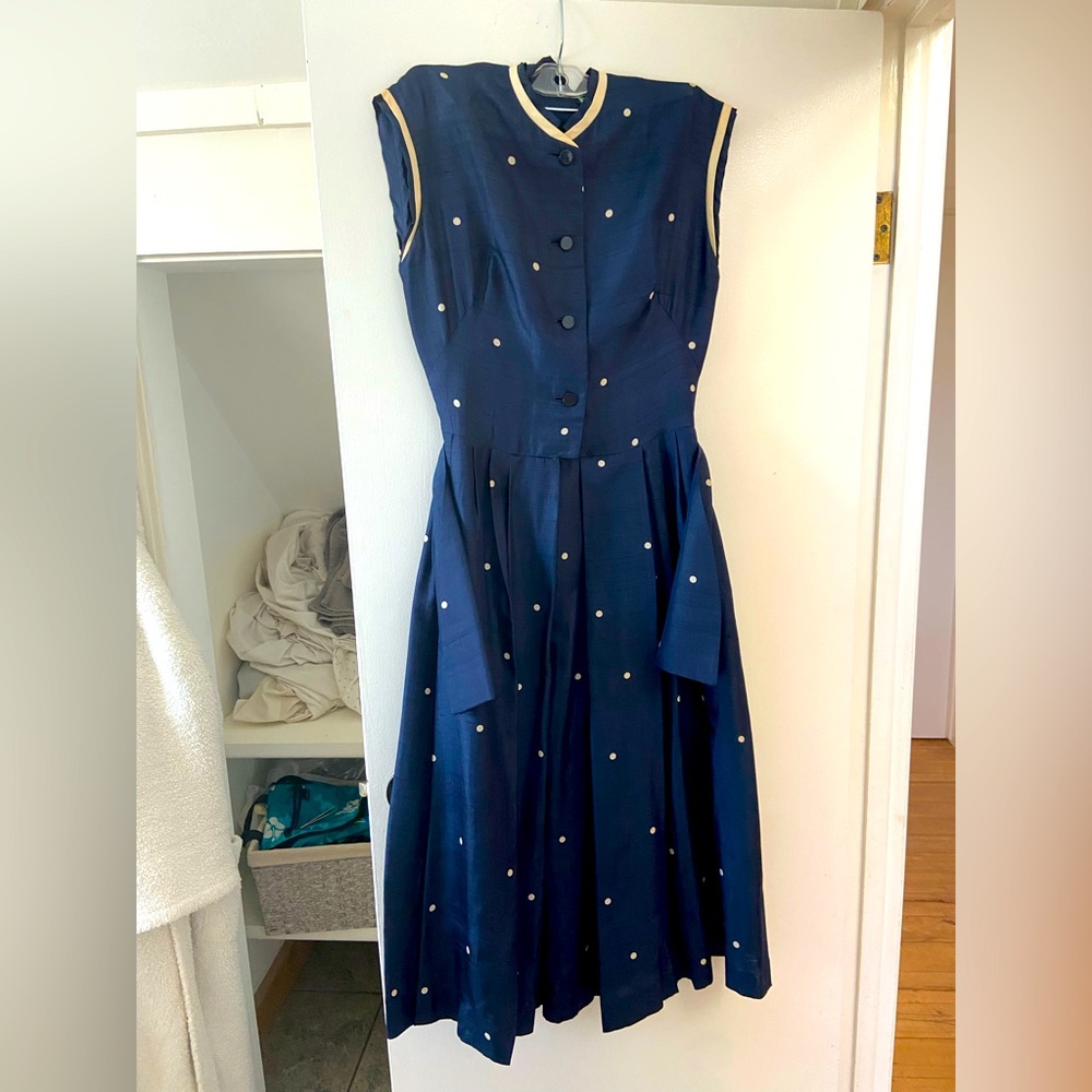 Vintage 1950’s Navy Silk Polka Dot Dress